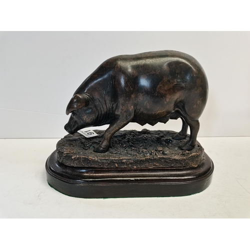 91 - Bronze pig and x2 silver plated candle sticks