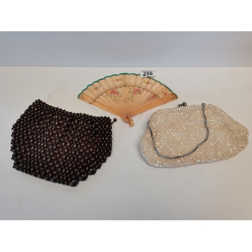 256 - Vintage beaded clutch bags and a purse fan