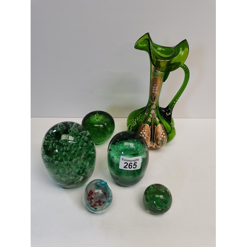 265 - Antique green paperweights (x 5) plus Antique Bohemian green glass pitcher 23cm height