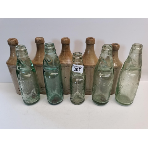 307 - 5 x H JOHNSON BEVERLEY stoneware bottles and 5 x glass bottles inc CODDS walop ale