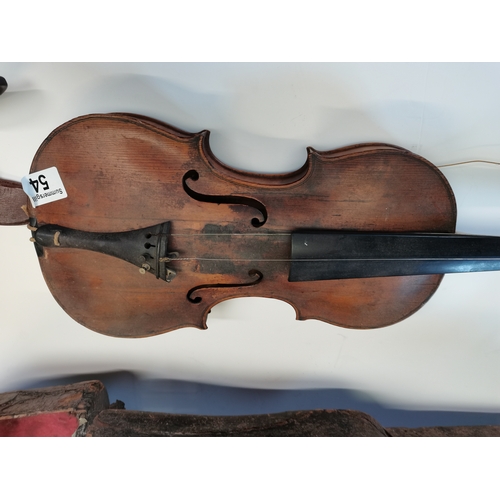 54 - Early Violin and bows in wooden case marked Peter Ditan Feat 1667 plus 5 bows - Length of back of vi... 