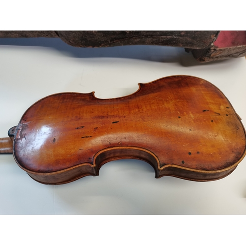 54 - Early Violin and bows in wooden case marked Peter Ditan Feat 1667 plus 5 bows - Length of back of vi... 