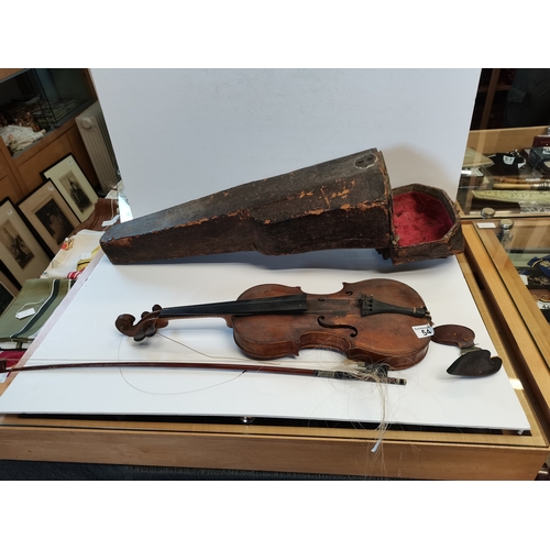 54 - Early Violin and bows in wooden case marked Peter Ditan Feat 1667 plus 5 bows - Length of back of vi... 