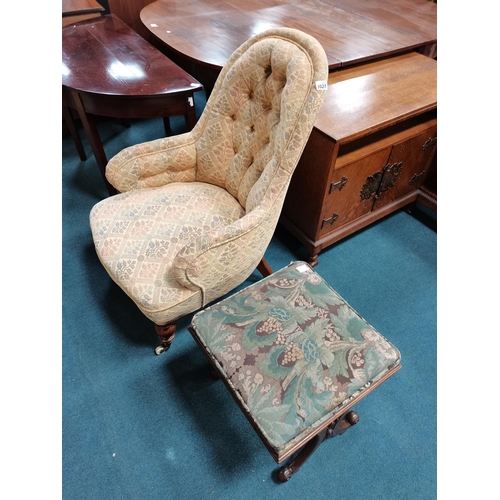 1027 - Antique button back armchair plus mahogany foot stool