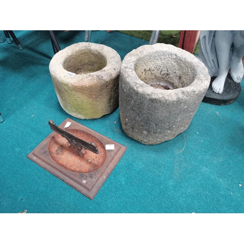 1107 - 2 x Antique circular troughs and cast foot scraper