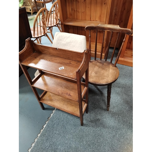 910 - antique shelf unit, small swivel chair plus spindle back chair