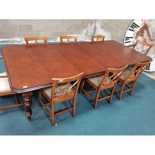 974 - Reproduction extendable dining table with 4 leaves on castors . L267cm x W120cm