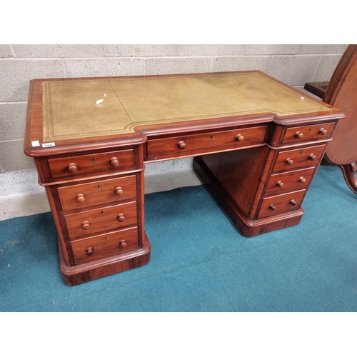 980 - Antique Pedestal desk with green leather top and breakfront L145cm x D68cm