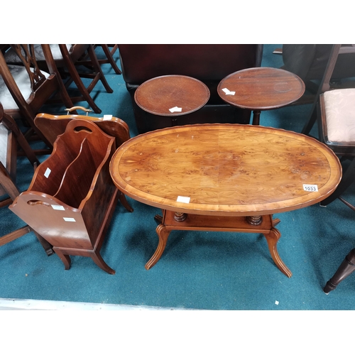 1033 - x3 occasional tables, mahogany tray and magazine rack