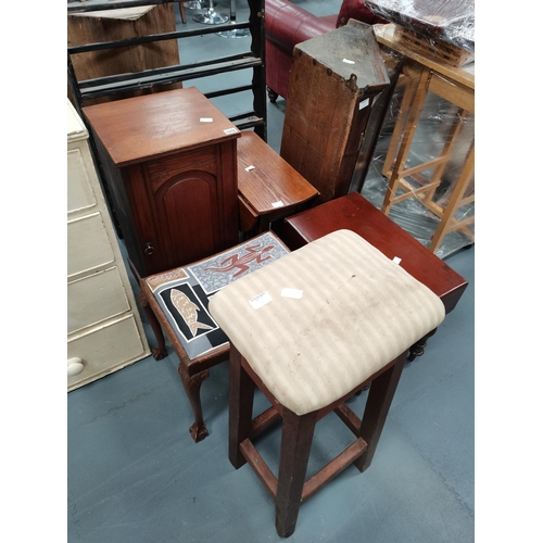 1058 - Misc. furniture Inc., bar stool, piano stool, oak corner cupboard etc etc