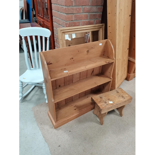 1114 - Pine wall rack, mirror, and stool