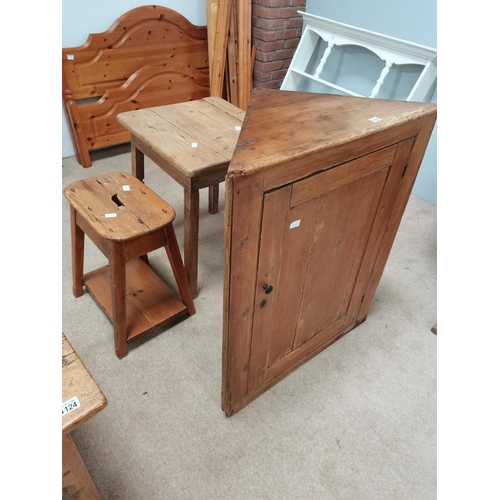 1123 - Antique pine corner cupboard, stool and table