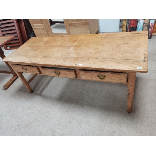 1124 - Early pine table 1.8m long x 75 with 3 drawers