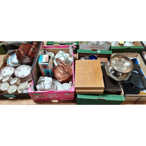 1174 - 4 x boxes misc. items incl China tea sets, cutlery and dressing table set