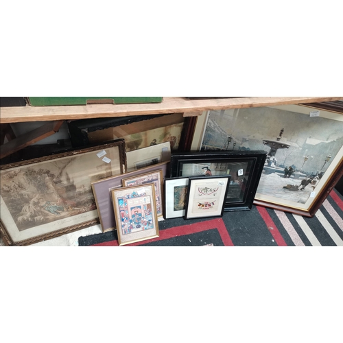 1191 - Framed pictures some French, also 1913 Allies embroidery