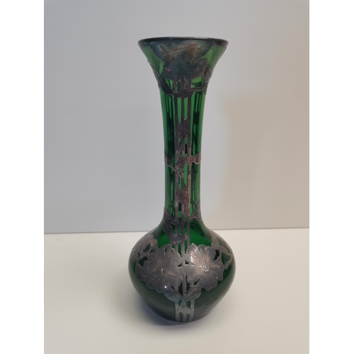 13 - An Art Nouveau style 25cm silvered and green glass vase ex condition