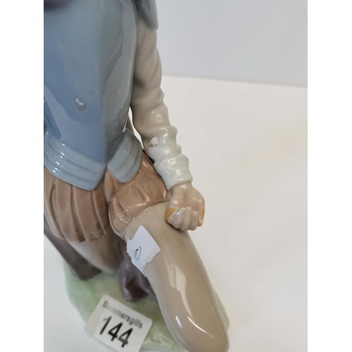 144 - Lladro figure of man on one knee, damage to hand and hat in hand detached