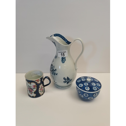 15 - Early blue and white Worcester jug plus Chinese pot with character marks