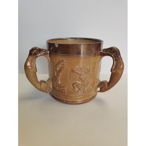 17 - A stoneware Doulton style 3 handled hunting jug 18cm high ( slight chips )