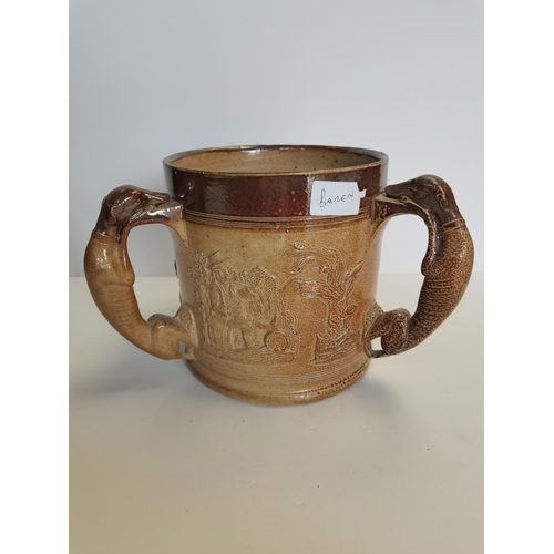 17 - A stoneware Doulton style 3 handled hunting jug 18cm high ( slight chips )