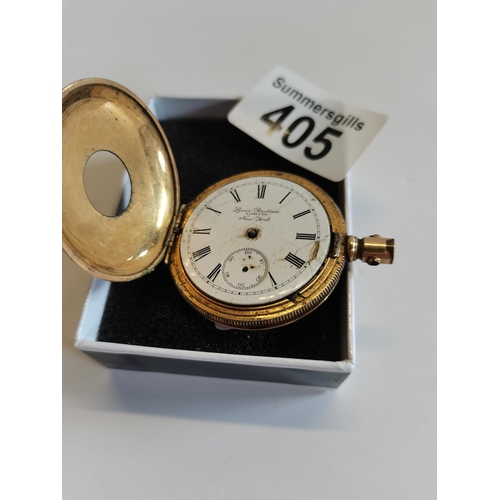 405 - 14ct stiffened gold half hunter watch - damaged face 53g