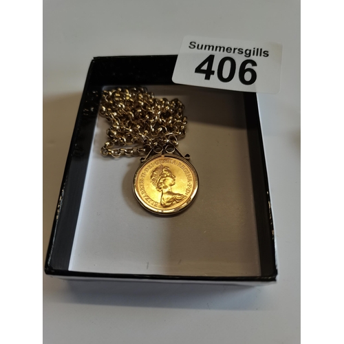 406 - Gold Sovereign on 9ct mount and chain - 20grams 1979