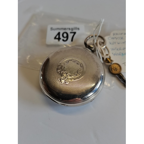 497 - Chester 1874 key wind pocket watch hall marked silver. Inscription reads J. Rothery 1879 (w/o)