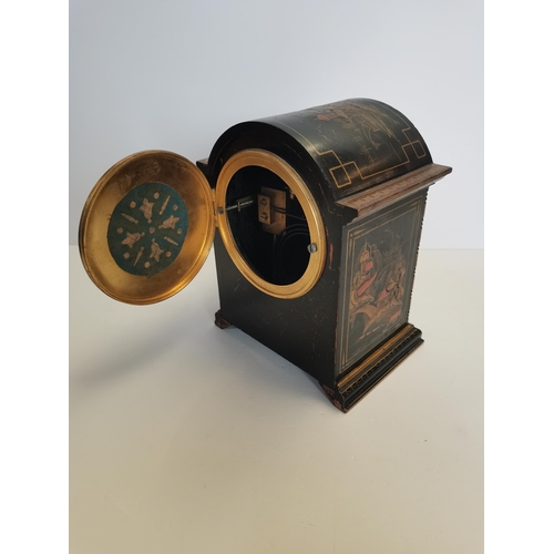 5 - Oriental wooden mantle clock with various scenes and key