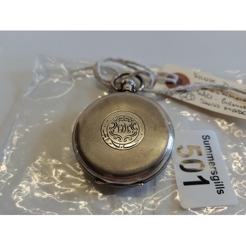 501 - Silver Dennison case pocket watch. James Walker record Birmingham 1938 Swiss made movement wind up. ... 