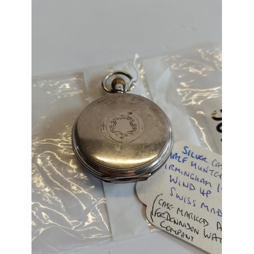 507 - Silver cased Half Hunter pocket watch Birmingham 1928 wind up w/o Swiss made. (case marked A.L.D for... 