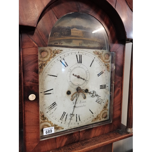 689 - 8 day long case clock in mahogany case by Sha. Lyon Doncaster