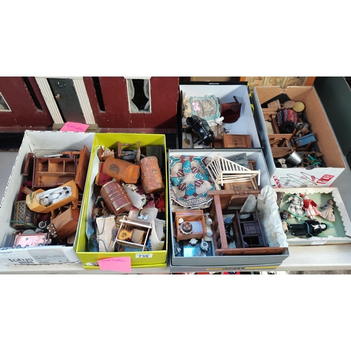 739 - 5 Boxes of dolls House Furniture and 1 box of small dolls house dolls