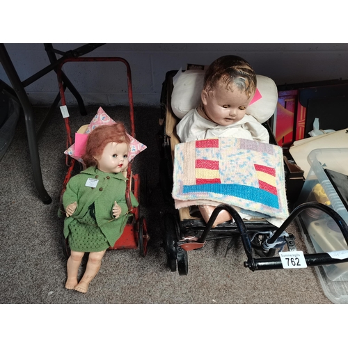 762 - Vintage Childs Doll Pram and Pushchair Both Containing Dolls