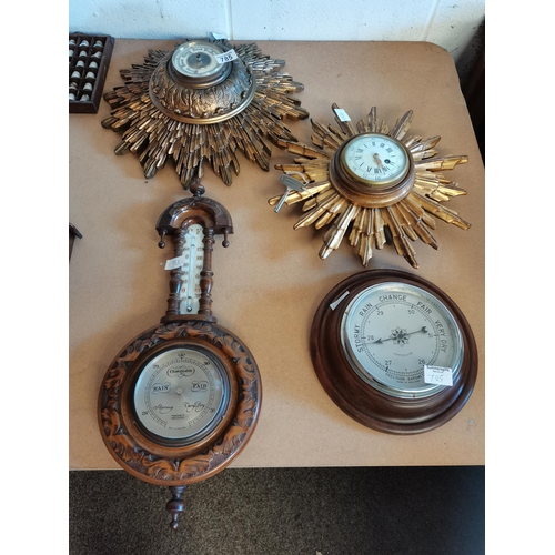 785 - 3 Barometers  (1 Finnigans ltd Manchester) 1 sunburst type and 1 sunburst clock