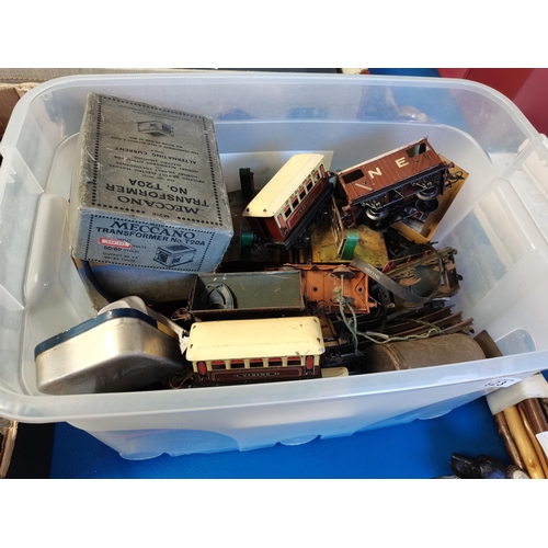 823 - Box of vintage tin Railway Carriages Transformer and Track Etc