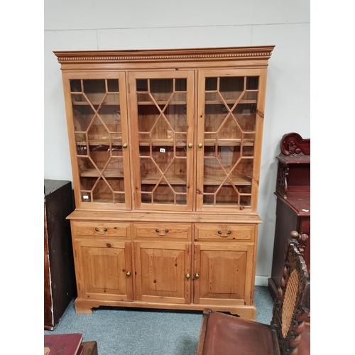 915 - Pine dresser W144cm x H202cm with astral glazed panels and cupboards below