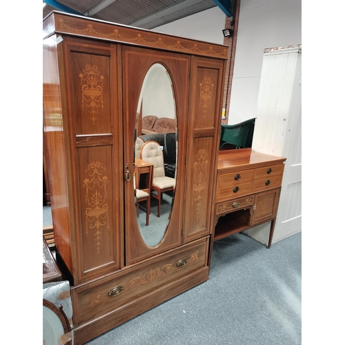 944 - Antique Edwardian inlaid wardrobe with oval full length mirror W120cm x D46cm x H201cm matching Edwa... 