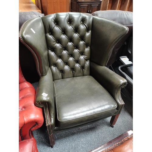 950 - Green leather queen Ann chesterfield armchair