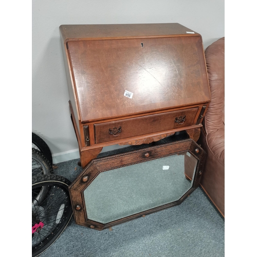 958 - Walnut bureau and oak framed mirror