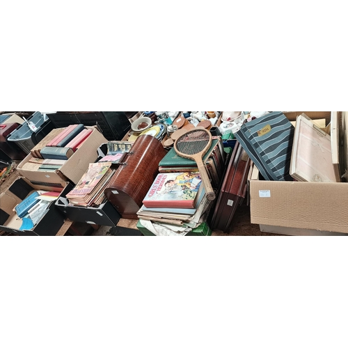 1181a - 5 x boxes of misc. incl old magazines and books, vintage tennis racquet marked 