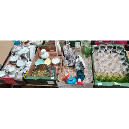 1182 - 4 x boxes misc. items incl glassware, Royal Grafton Camille tea set, green glassware etc