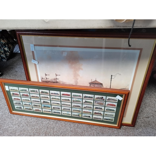 815a - Framed train cigarette cards plus painting of train