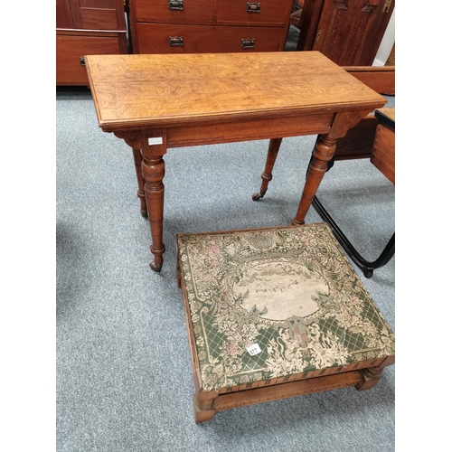 877 - Antique oak side table D45cm x W92cm x H74cm on castors plus square oak footstool 60cm x 60cm