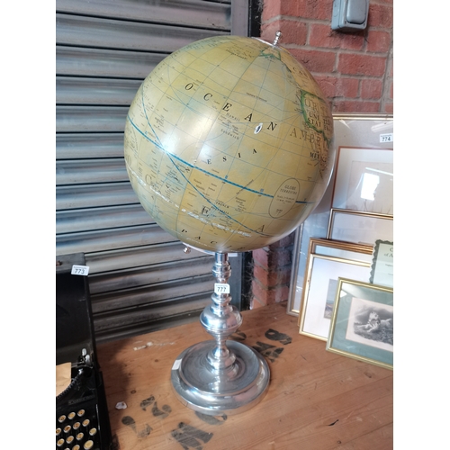 777 - Large Globe with light on a chrome stand