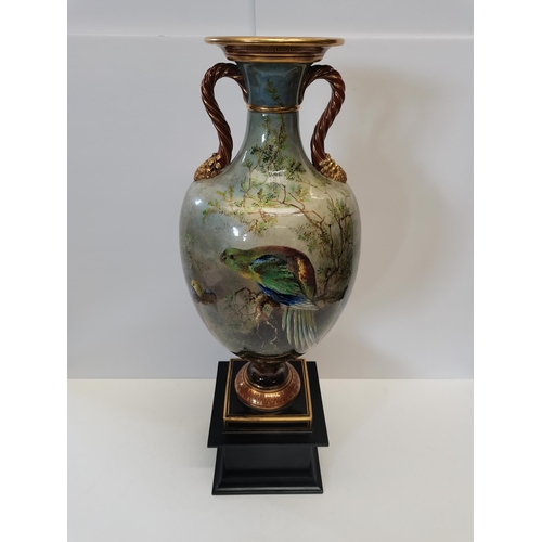 36 - Minton Ornithological Vase date 1880 Artist Weneeslas Mussill ex condition 61cm in height total, Vas... 