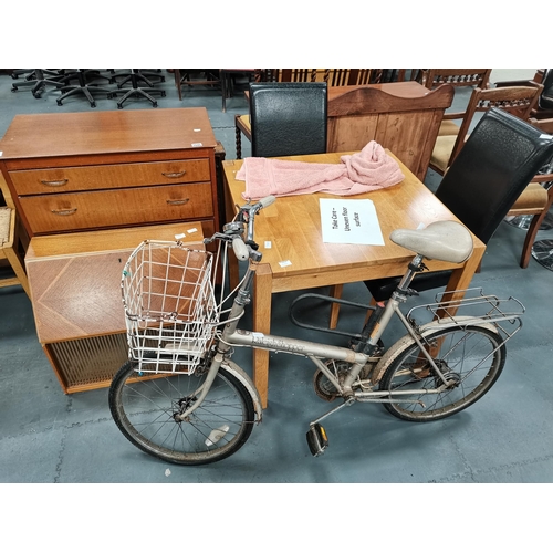 1045 - Misc. furniture inc. square dining table and 2 leather chairs, Raleigh shopper bike etc