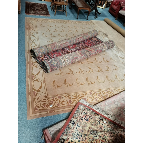 887 - Large cream/beige 100% wool + Silk in Tibet rug G H Frith - slight red stain 271cm x 372cm