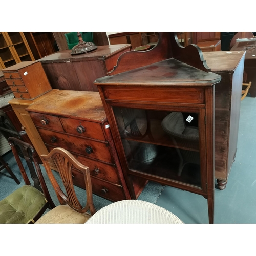 931 - floor standing corner Edwardian display unit, antique 4ht chest of drawers, pine cupboard and small ... 