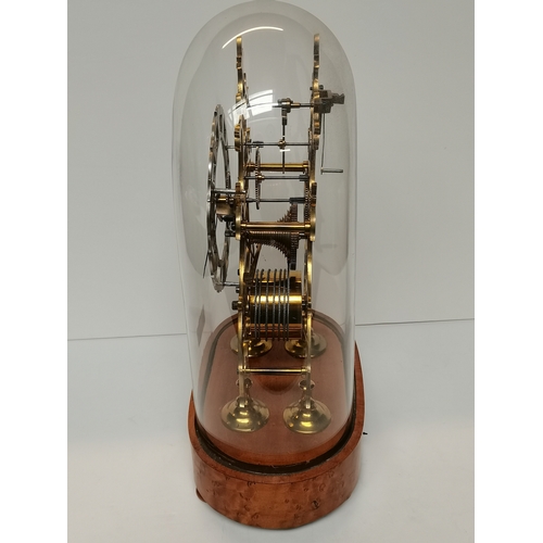 702a - Antique Skeleton Mantle clock on a birds eye maple stand. height 39cm ex condition.