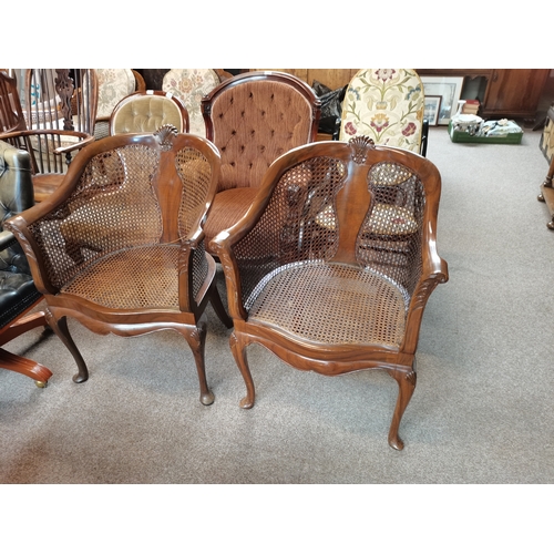 714 - A beautiful pair of mahogany and bergère arm chairs